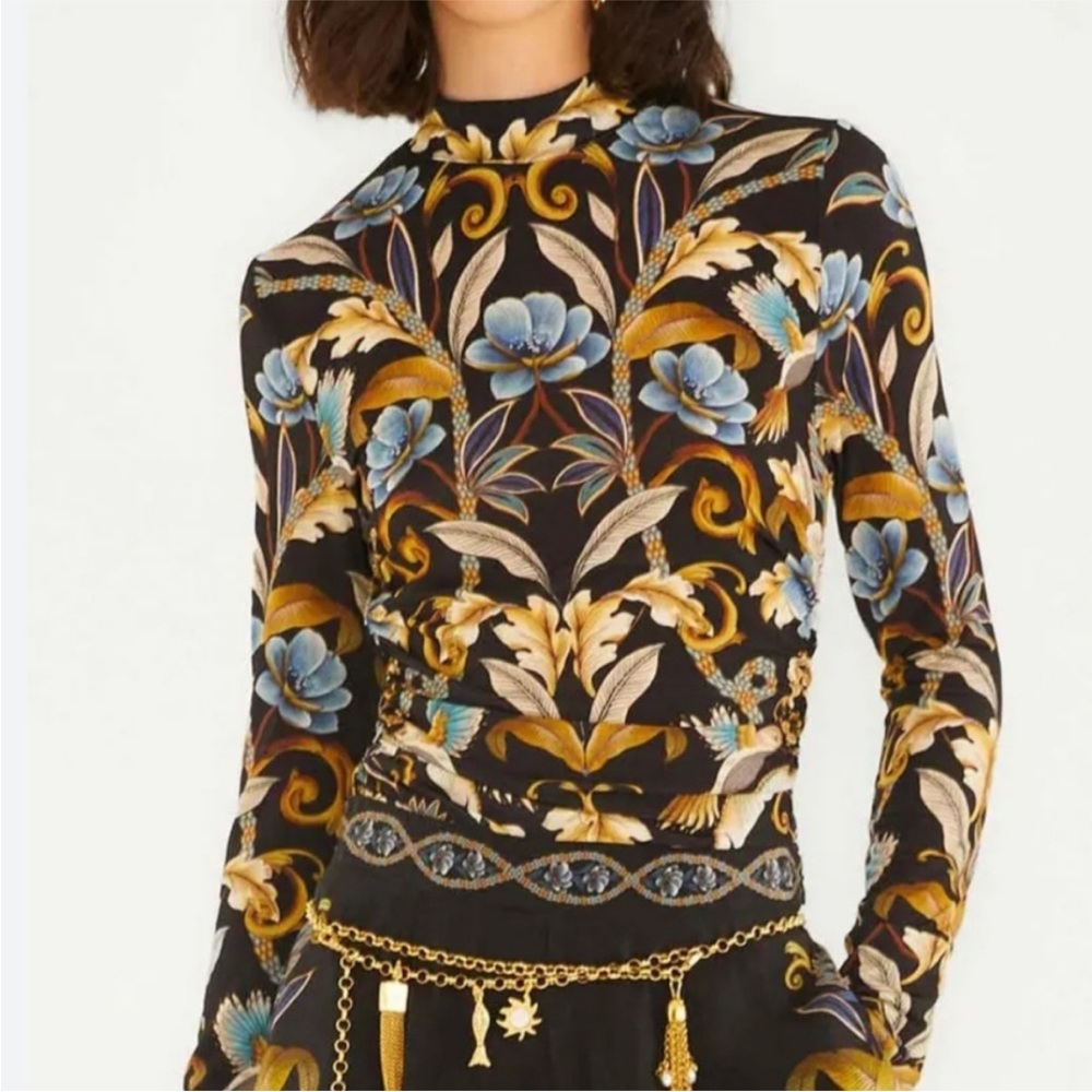 Farm Rio Top Medium Long Sleeve Floral Black Gold Snake Garden Jersey High Neck